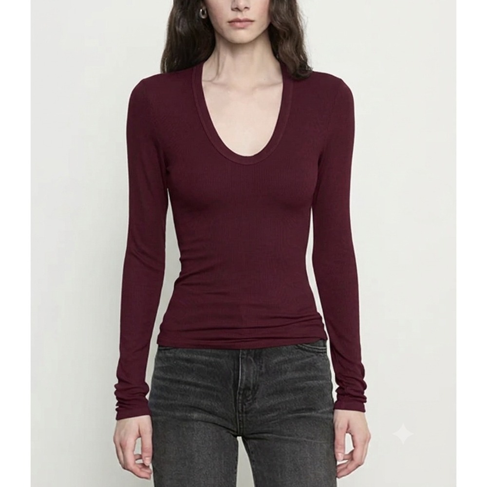 Enza Costa Original Silk Rib U Top Women Small Carmine Maroon Long Sleeve Sample
